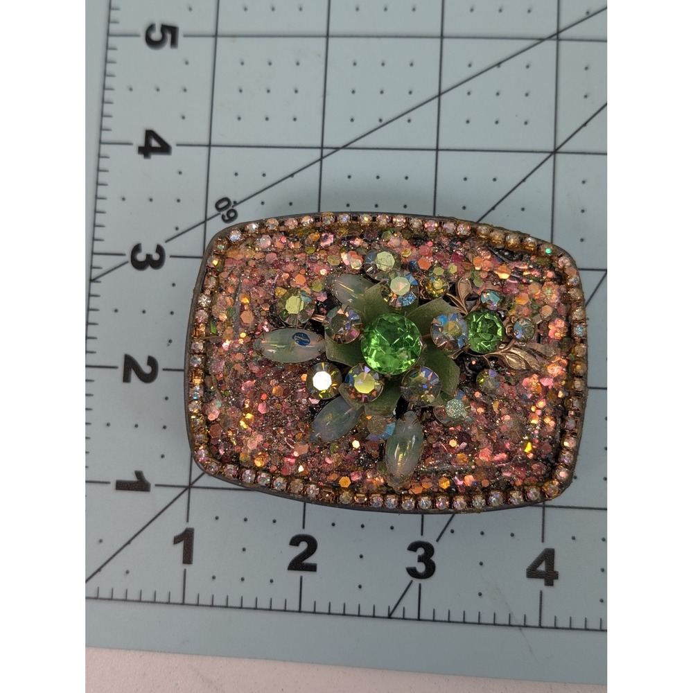 Rhinestone Belt Buckle Womens Green Pink Glitter Floral Sparkle Metal Multicolor